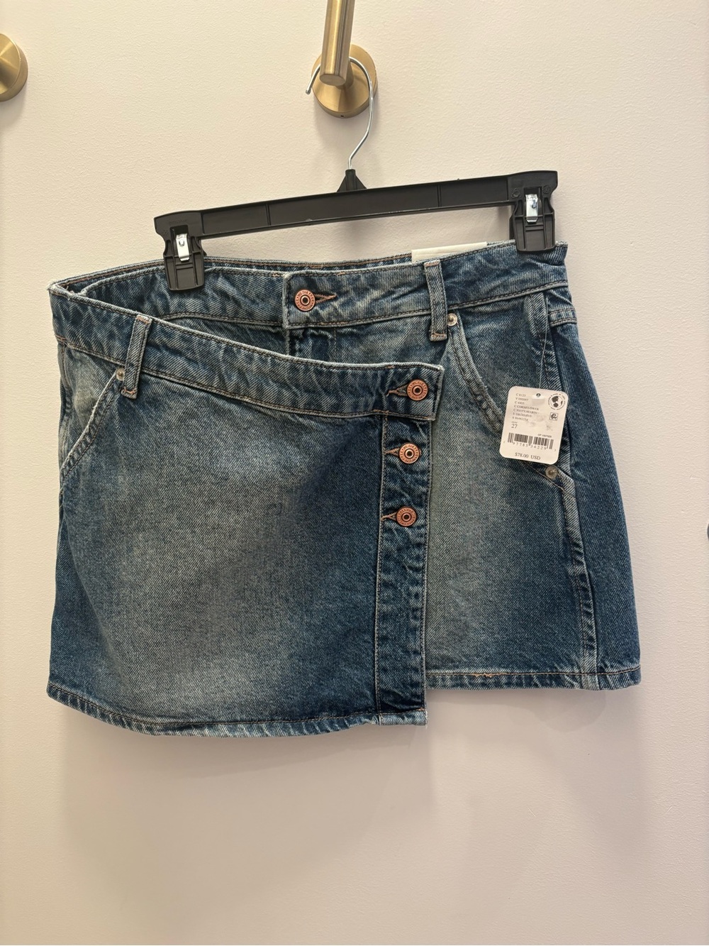 Free People Washed Blue Denim Asymmetric Button Mini Skirt